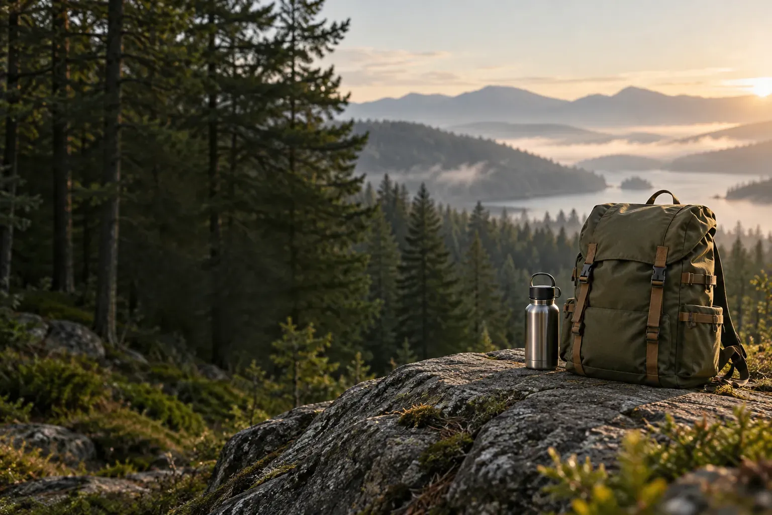 Ein Rucksack und eine Trinkflasche für einen geplanten Tag draußen.