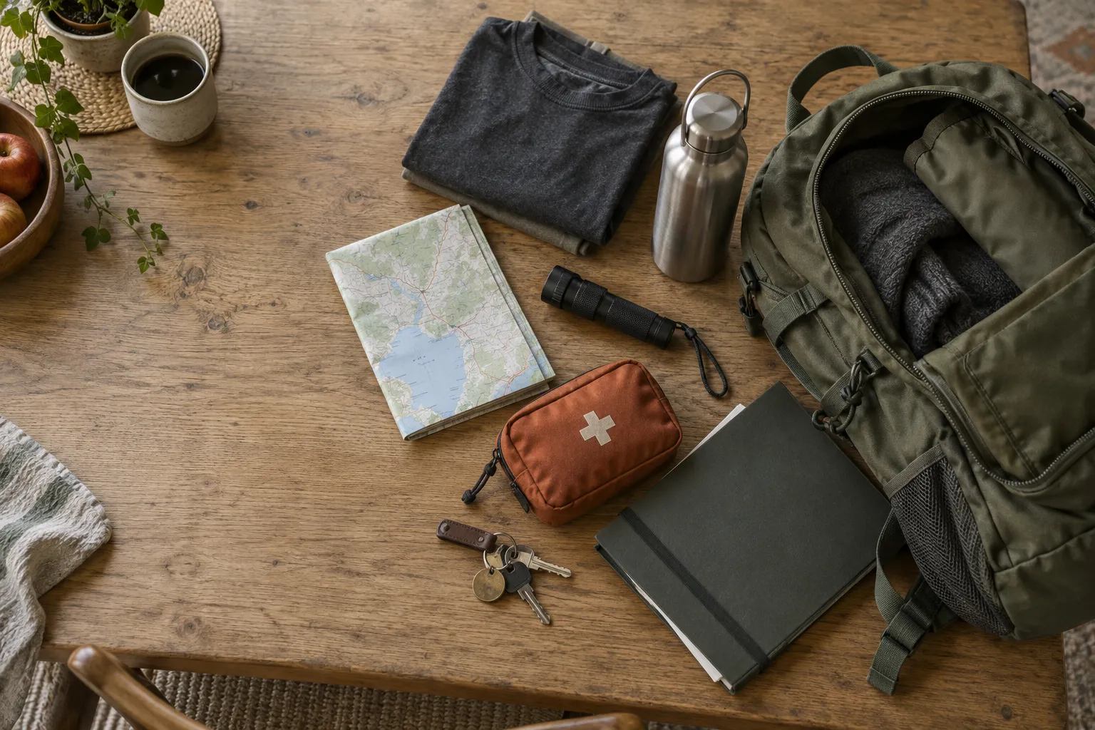 Rucksack, Dokumentenmappe und persönliche Ausrüstung auf einem Tisch.
